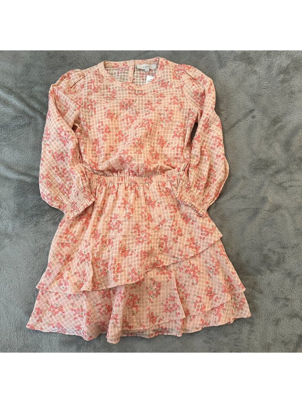NWT Ann Taylor LOFT Meadow Tiered Ruffle Floral Mini Dress XS Long Sleeve Peach